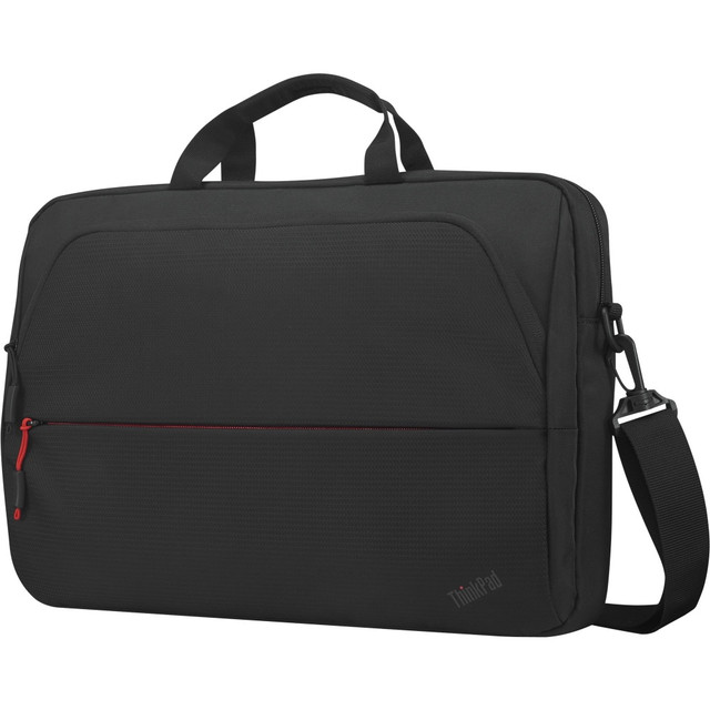 Classic black nylon exterior, grey interior lining, with splashes of classic red accents  Easy-grip zippers for easy packing and unpacking  Two additional front zip pockets for quick accessory access  Removable, adjustable shoulder strap for added comfort while carrying  Convenient luggage strap on back panel for travel and commuting  Each bag contains the equivalent of at least two recycled plastic bottles  Two main compartments, including a dedicated padded PC pocket, designed to fit Lenovo ThinkPad laptops up to 14in