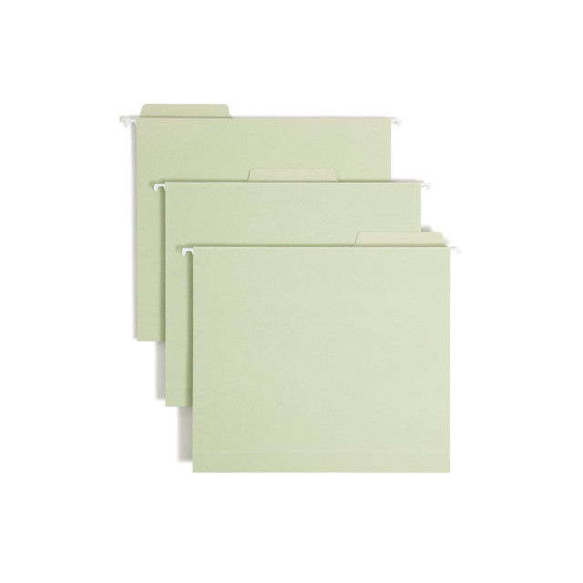 With heavy-duty, reinforced tabs that are permanently attached, this Smead FasTab hanging box bottom file folder helps ensure that your documents stay securely stored and organized. The expanding design provides space for clients that you expect to grow larger in the future.  Neatly file computer printouts, manuals, catalogs, telephone books or reference books.  These folders are letter size, 8 1/2in x 11in, with a 2in expansion for filing your bulkiest items.  This moss hanging file folder comes in a box of 20.  SFI Fiber-Sourcing Certified.