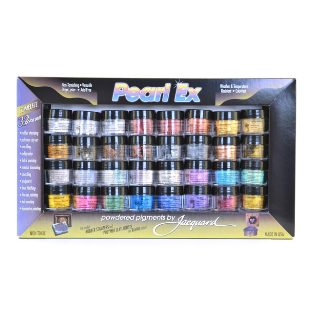 Great for interior, exterior and archival applications  Use to simulate metallic sheens, pearlescents, antique metal, raku pottery, hammered copper and more.  Mix into virtually any viscous medium, such as paint, varnish, airbrush paint, polymer clay and more. Can also be applied dry to wood, ceramics, paper, wax or almost any other porous surface.  Exhibits high colorfastness and stability.  High temperature resistance allows use in kilns up to 600 deg. Fahrenheit.  Non-toxic and pH-neutral formula is great for stamping or embossing.  Jars are 0.125 oz and include 1 each of antique bronze, antique copper, antique gold, antique silver, Aztec gold, blue russet, brilliant gold, brilliant yellow, duo blue-green, duo green-yellow, duo red-blue, flamingo pink, interference blue.  Includes 1 each of interference gold, interference green, interference red, interference violet, macro pearl, micro pearl, misty lavender, pearl white, red russet, silver, sparkle gold, sparkling copper, spring green, sunset gold, super bronze.  Also includes 1 each of super copper, super russet, true blue and turquoise.