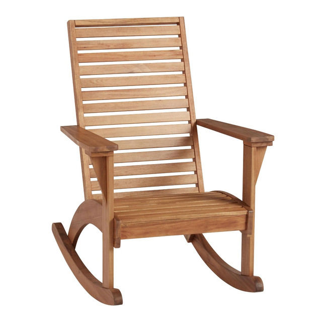 Update your patio, porch or backyard with the Linon Keir Wood Outdoor Rocking Chair. This rocking chair is made of solid acacia wood for stability with a natural oil finish that highlights the grain for a sleek look. The rockers offer relaxation and the narrowly slatted back and armrests add support.  Overall Dimensions: 40-2/5inH x 29-1/8inW x 37-4/5inD.  Weight capacity tested to support 225 lb.  Made of solid acacia wood for strength and stability.  Natural oil finish highlights the wood's grain.  Rockers offer relaxation.  Narrowly slatted back and curves.  Armrests add support.  Assembly required.