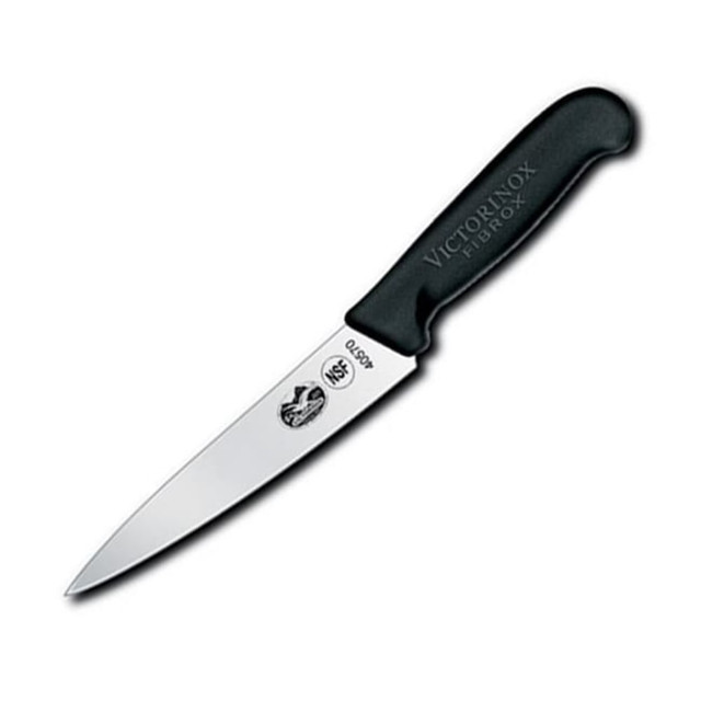 For completing a number of tasks in the kitchen, utilize this straight chef knife. The Fibrox handle has a slip-resistant design for a secure grip.  Straight edge blade provides a clean cut.  Stamped construction helps maintain edge sharpness over time.  Slip-resistant Fibrox handle offers a firm grip.  Backed by the manufacturers lifetime warranty.  NSF certified.  Blade is 6in long for versatile use.