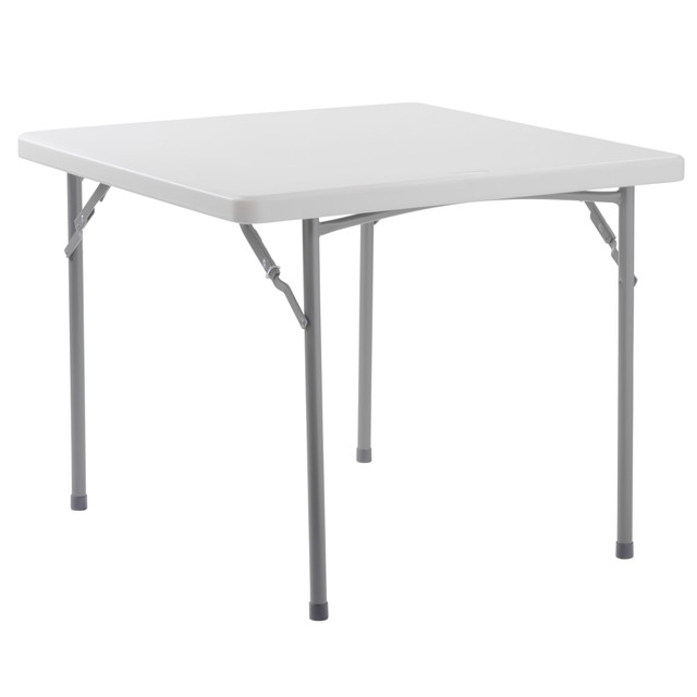 Perfect for use as additional dining space, this plastic folding table is great for parties and game nights. The folding utility table is made with a steel frame to withstand heavy weights and extended use. The folding dinner table is also resistant to weather, so you can use it outdoors.  Lightweight blow-molded plastic for easy and convenient transport.  2in-thick, lightly textured surface to prevent scratching. Smooth enough to write on.  19-gauge steel frame and snap lock design for extra stability.  UV-protected and weather-resistant design for use outdoors.  Can withstand heat up to 212 deg. Fahrenheit.  Folds for convenient and compact storage.  Save time - no assembly required.