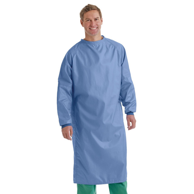 Keep cool and comfortable while performing surgery in this gown. The garment features a blend of Blockade and AngelStat fabric, providing fluid resistance, breathability and lasting strength.  Made of 99% polyester and 1% carbon for comfort and dissipating static electricity. Blockade fabric features untwisted, continuous filament taffeta weave, which resists fluids and provides breathability.  Woven AngelStat fabric is made of 55% cotton and 45% polyester with a T-160 thread count for durability.  Features 1-ply Blockade fabric on the front and sleeves and AngelStat fabric on the back panels.  Machine wash. Designed to withstand 75 processings.  Features snaps at the neck and ties at the mid-back for a secure fit.