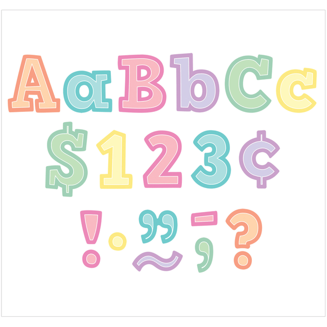 Create striking bulletin boards with Teacher Created Resources 4in Letters. These block letters punch out easily so you can get right to creating your masterpiece.  Punch out easily.  Coated for durability.  Each pack includes 230 total pieces: 61 uppercase letters, 95 lowercase letters, 20 numbers 0 to 9, 40 punctuation marks, 14 Spanish accent marks.  Sold as 2 packs for a total of 460 pieces.