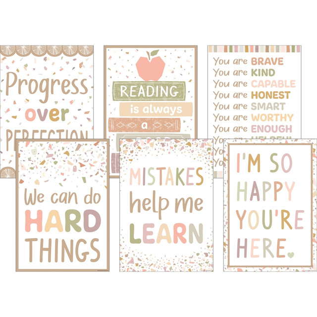 Decorate the classroom with the Teacher Created Resources Terrazzo Tones Positive Posters. These posters help inspire and motivate kids, and they boast an acid free design that prevents yellowing.  Helps inspire and motivate kids.  Acid free design prevents yellowing.