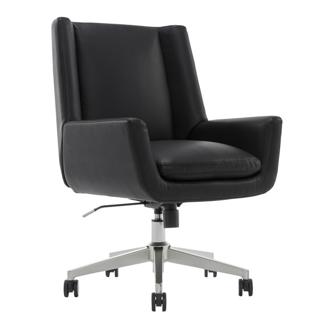 Nestle yourself in comfort as you take on the workday with this Serta SitTrue Montair Mid-Back Manager Chair. The mid-back office chair is built with SitTrue seat construction, which features individually wrapped coils to provide full-body support and minimize motion. Breathable foam thats been filled with cooling gel helps promote airflow and heat dissipation to help you stay cool and comfortable. You can also find that just-right setup with your workstation with the ergonomic office chair that boasts an easy-to-use pneumatic seat-height adjustment.  Stay on task with seating thats versatile to work from anywhere.  Recommended for performance use 6-8 hours per day.  Weight capacity tested to support 275 lb.  Breathable foam imbued with cooling gel.  SitTrue seat construction.  Pneumatic seat-height adjustment with tilt, tension and lockout features.  Heavy-duty metal base with dual-wheel casters. Desk chair comes with chair glides.  Tested to meet ANSI/BIFMA Performance Standards - Manufacturer testing has been conducted on this product to meet specific performance requirements and safety standards set forth by the American National Standards Institute (ANSI) and the Business and Institutional Furniture Manufacturers.  Faux Leather is a synthetic material. See specs for details.