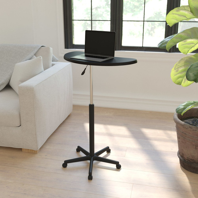 Make the most of your space with the help of a Flash Furniture Sit To Stand Mobile Laptop Computer Desk. Its slim profile won't crowd your space, but the roomy half-moon top can accommodate your laptop and a few accessories. Pneumatic frame height adjustments can accommodate individuals of any height, and the mobile design allows you to move around your home or office with ease.  Heavy-duty nylon base.  Laminate top.  Half-moon work surface with cutout.  Pneumatic frame height adjustments.  Dual wheel casters.  Assembly required.  Tested to meet ANSI/BIFMA Performance Standards - Manufacturer testing has been conducted on this product to meet specific performance requirements and safety standards set forth by the American National Standards Institute (ANSI) and the Business and Institutional Furniture Manufacturers.
