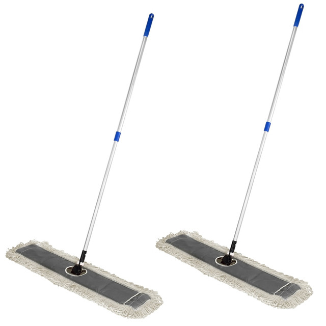Keep your floors sparkling clean with the Alpine Cotton Floor Dust/Dry Mop Set. A telescopic handle makes it easy to reach within small or tight areas.  Includes a heavy-duty cotton mop, a telescopic aluminum handle and an iron mop frame.  Cotton material effectively traps dirt and debris.  Wide mop head creates a wide cleaning path.  Telescopic handle can shorten or lengthen to adjust your reach.  Easily slip the mop frame into the mop head.