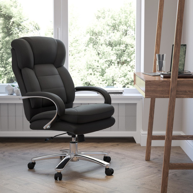 Made with fire-retardant foam padding, this office chair keeps you comfortable and can be used in a wide range of work environments. The chair features seat-height adjustments and tilt tension adjustments, allowing you to find the best position for your current task.  Overall Dimensions: 45in to 49inH x 28inW x 31inD.  Weight capacity tested to support 500 lb.  Lumbar feature supports your lower back and enhances the natural curve of your spine.  Contoured back and seat are made with 4in of thick, fire-retardant foam padding.  High-back design offers a headrest to relax your neck.  Pneumatic seat-height adjustment is great for users of different sizes.  Tilt lock and tilt tension adjustments to help you find the right angle.  Padded loop arms.  Heavy-duty chrome base features dual-wheel casters for mobility.  Swiveling design.  Assembly required.  Tested to meet ANSI/BIFMA Performance Standards - Manufacturer testing has been conducted on this product to meet specific performance requirements and safety standards set forth by the American National Standards Institute (ANSI) and the Business and Institutional Furniture Manufacturers.