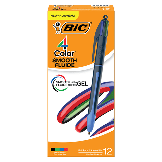 Just when you thought the legendary BIC 4-Color ball pen couldnT get any better, BIC found a way! Now you can change colors without changing pens and write with 40% smoother* ink. The BIC 4-Color Smooth is a versatile 4-in-1 ballpoint pen that glides across the page like a gel pen, but lasts twice as long.** With four medium 1.0 mm points in blue, black, red, and green, its the smartest choice for everyday writing tasks like to-do lists, organizing your notes, and bullet journaling. The BIC 4-Color Smooth ball pen boasts the same iconic features as the original 4-Color pen: a comfortable round 2-tone barrel, a convenient side clip, and colorful click buttons for changing ink. BIC does it again with the BIC 4-Color Smooth: a retractable pen that"s smooth like a gel, where clever design meets value and quality you can trust.  The BIC 4-Color Smooth retractable ball pen has a versatile medium 1.0 mm point  The world-renowned BIC 4-Color ballpoint pen you know and love now has 40% smoother* ink * vs the leading ball pen in the US and Canada  Not only does the versatile BIC 4-Color Smooth pen effortlessly glide as you write, but it also lasts twice as long as the leading gel pen  Change colors without changing pens. The BIC 4-Color Smooth pen writes in the four classic ink colors: blue, black, red, and green  With four colors of ink in one cool pen, you can colorfully express yourself and efficiently organize notes at work, school or home