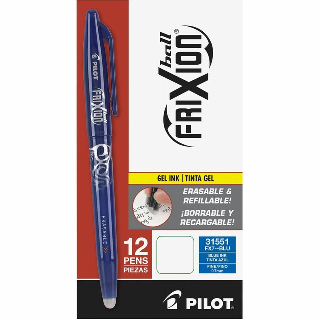 Create journal entries, drafts and other writing projects with this pack of Pilot FriXion gel pens. The 0.7mm fine point tip creates precise, bold lines for optimal readability, while a rubber tip erases makes it easy to correct writing errors. A pocket clip allows easy attachment to your shirt or folder for convenient portability, and the thermosensitive ink leaves no debris after erasing for neat output. These Pilot FriXion gel pens arrive in a pack of 12 to ensure you have a handy backup close in hand in case of loss or damage.  Thermosensitive ink leaves no residue for lasting impressions0.7mm fine point tip creates crisp, detailed outputPocket clip makes it easy to carry on the roadIncludes 12 pieces of Pilot FriXion gel pens