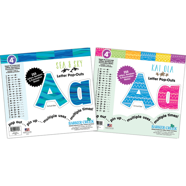 Add these letter and number pop-outs to your bulletin board or poster to make your students excited about their education. The pop-outs are made of sturdy card stock, and the set includes a total of 510 pieces.  Includes 2 packages of 255 pop-outs.  Card stock construction offers durability.  Comes with uppercase and lowercase letters, numbers and punctuation in English and Spanish.
