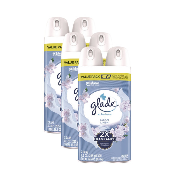 Glade Room Spray fights odor and freshens the air, making your business uniquely inviting for all. Infused with essential oil extracts. Fights strong and persistent odors with a clean fragrance that instantly freshens. Used in commercial, industrial or institutional buildings in entrance areas, break rooms, lobbies, restrooms, cafeterias/kitchenettes and more.  Fights strong and persistent odors easily.  Used in commercial, industrial or institutional buildings.  Refreshing and clean fragrance.  An air freshener spray that is also perfect for eliminating smoke, mold and mildew and sweaty shoes odors.  Use in any room where durable freshness is needed.  Freshens air in facility entrance areas, lobbies, restrooms, breakrooms, cafeteria/kitchenette and more.  Use daily or as the final touch after cleaning.  Fragrance-infused with essential oils.