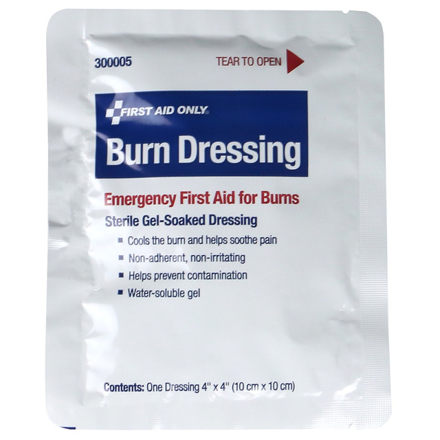 Prepare for an injury virtually anywhere with the First Aid Only Burn Dressing. This gel-soaked dressing helps to cool burns and relieve pain.  Dressing is designed to stop the burning process.  Gel-soaked dressing cools the burns and helps to relieve pain.  Helps to prevent contamination.  Square-shaped dressing is designed to fit in the palm of a hand.  Individually packaged.
