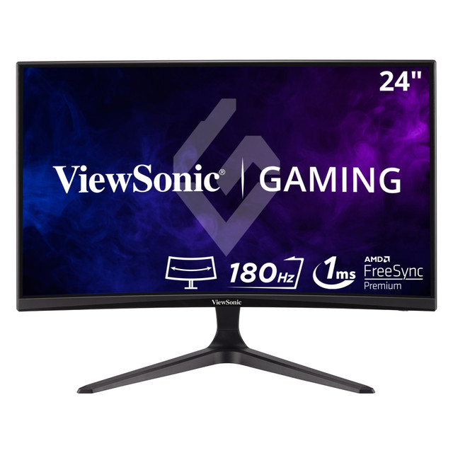 ViewSonic VX2418C 24 Inch 1080p 1ms 180Hz Curved Gaming Monitor with FreeSync Premium, Eye Care, HDMI and DisplayPort  CURVED DESIGN: 24 Inch Full HD (1920x1080p) 1500R curved gaming monitor with thin bezelsMAXIMIZED GAMEPLAY: 180Hz refresh rate and 1ms MPRT response time (with DisplayPort) for ultimate gaming experienceULTRA-SMOOTH GAMING: FreeSync Premium technology enables fluid and tear-free gameplayENHANCED VIEWING COMFORT: Flicker-Free technology and Blue Light Filter for reduced eye fatigueGAME ON: An arsenal of pre-set customizable visual modes keeps you ready for any FPS, RTS, or MOBA gamesFLEXIBLE CONNECTIVITY: The VX2418C supports laptops, PCs, and Macs with HDMI and DisplayPort inputs