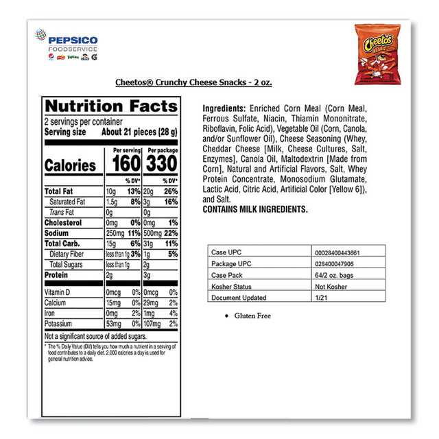FRITO-LAY, INC. Cheetos® 44366 Crunchy Cheese Flavored Snacks, 2 oz Bag, 64/Carton