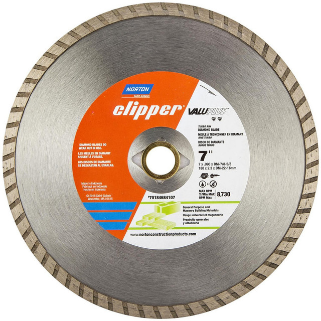 Norton 70184684107 Wet & Dry Cut Saw Blade: 7" Dia, 7/8 & 5/8" Arbor Hole, 0.09" Kerf Width, 1 Teeth