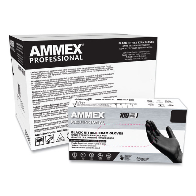 AMMEX CORPORATION Professional ABNPF44100 Nitrile Exam Gloves, Powder-Free, 3 mil, Medium, Black, 100/Box