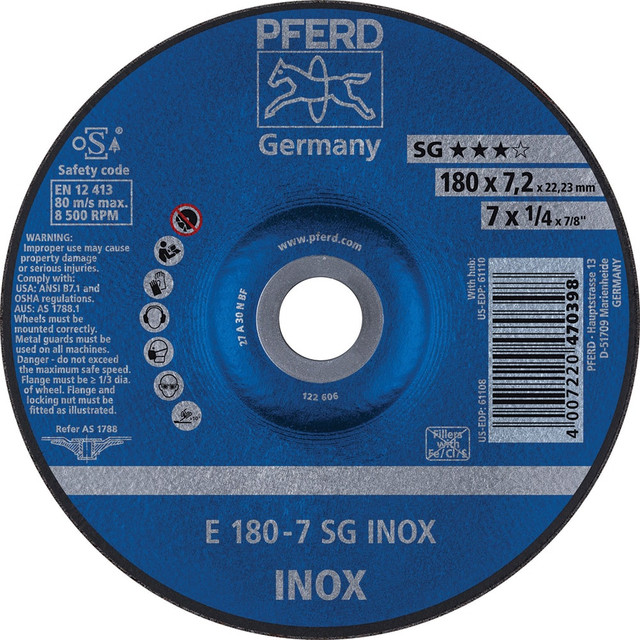 PFERD 62217632 Depressed Grinding Wheel:  Type 27,  7" Dia,  1/4" Thick,  7/8" Hole,  Aluminum Oxide