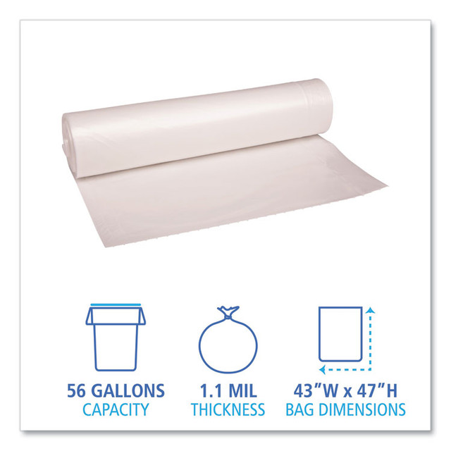 BOARDWALK 532 Recycled Low-Density Polyethylene Can Liners, 56 gal, 1.1 mil, 43" x 47", Clear, Perforated, 10 Bags/Roll, 10 Rolls/Carton