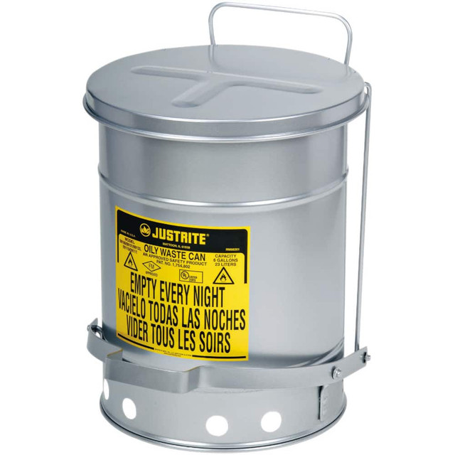 Justrite. 09304 Oily Waste Cans & Receptacles; Capacity: 10.000 ; Material: Steel ; Material: Galvanized Steel ; Color: Silver ; Color: Silver ; Opening Style: Foot Operated