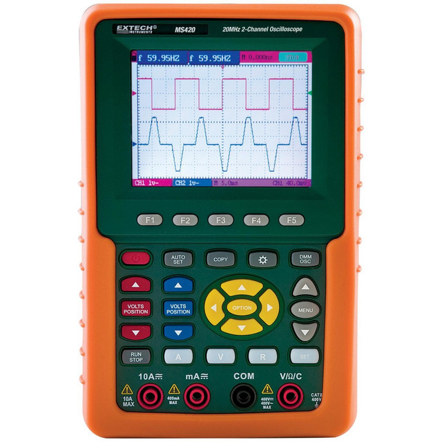 Extech MS420 Oscilloscopes; Oscilloscope Type: Handheld Digital Oscilloscope ; Bandwidth (MHz): 20MHz ; Number of Channels: 2 ; Display Type: LCD ; Maximum Vertical Deflection (mV/div): 5V/DIV ; Minimum Vertical Deflection (mV/div): 5MV/DIV