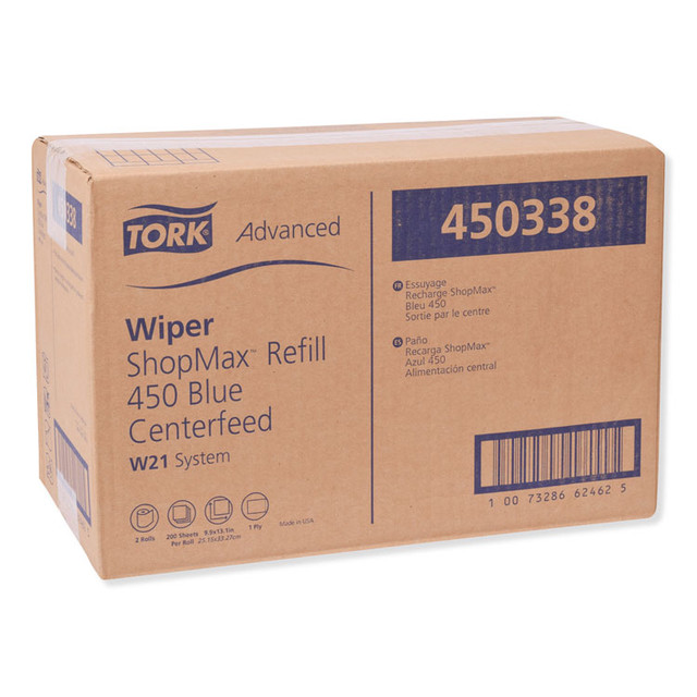 SCA TISSUE Tork® 450338 Advanced ShopMax Wiper 450, Centerfeed Refill, 9.9 x 13.1, Blue, 200/Roll, 2 Rolls/Carton