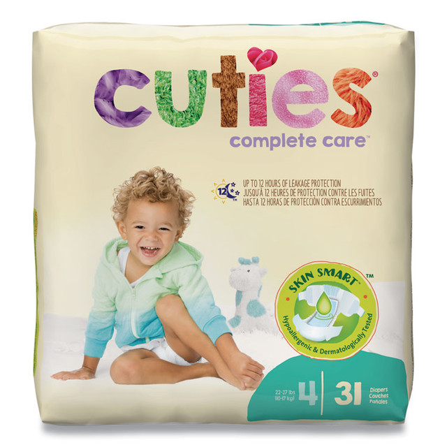 FIRST QUALITY PRODUCTS INC Cuties® CR4001 Premium Jumbo Diapers, Size 4, 22 lbs to 37 lbs, 124/Carton