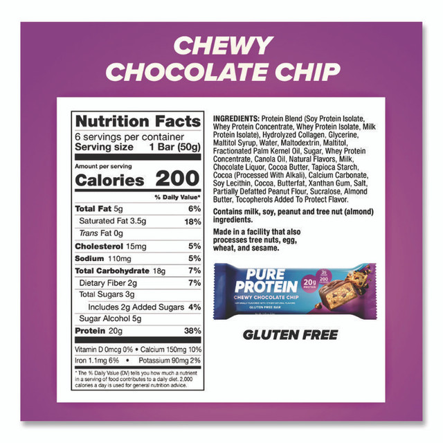 THE BALANCE BAR COMPANY NRN13353 Pure Protein Bar, Chewy Chocolate Chip, 1.76 oz Bar, 6/Box