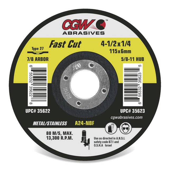 CGW Abrasives 36259 Depressed Center Wheel: Type 27, 6" Dia, 1/4" Thick, Aluminum Oxide