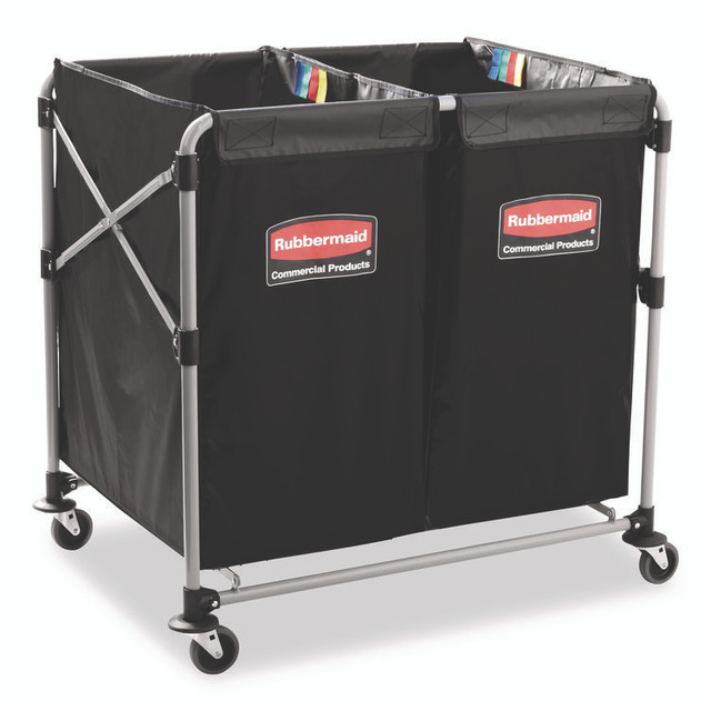 RUBBERMAID COMMERCIAL PROD. 1881781 Two-Compartment Collapsible X-Cart, Synthetic Fabric, 2.49 cu ft Bins, 24.1" x 35.7" x 34", Black/Silver