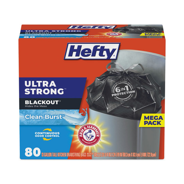 REYNOLDS FOOD PACKAGING Hefty® E88352CT Ultra Strong BlackOut Tall-Kitchen Drawstring Bags, 13 gal, 23.75" x 24.88", Black, 80 Bags/Box, 3 Boxes/Carton