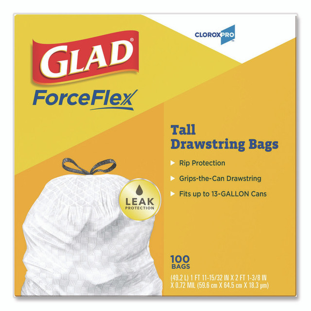 CLOROX SALES CO. Glad® 78526CT CloroxPro ForceFlex Tall Kitchen Drawstring Trash Bags, 13 gal, 24 x 27.38, Gray, 100 Bags/Box, 4 Boxes/Carton
