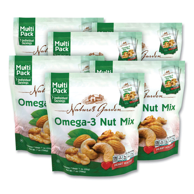 NATURE'S GARDEN 29400007 Omega-3 Nut Mix, 1 oz Pouch, 7 Pouches/Pack, 6 Packs/Carton