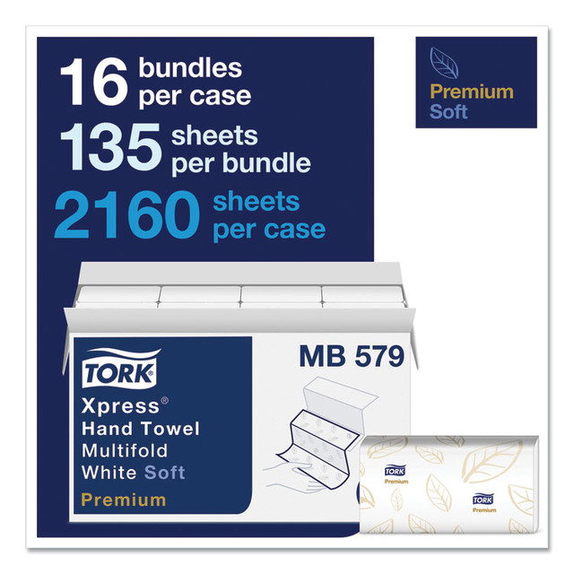SCA TISSUE Tork® MB579 Premium Soft Xpress 3-Panel Multifold Hand Towels, 2-Ply, 9.13 x 9.5, White/Blue Leaf, 135/Packs, 16 Packs/Carton