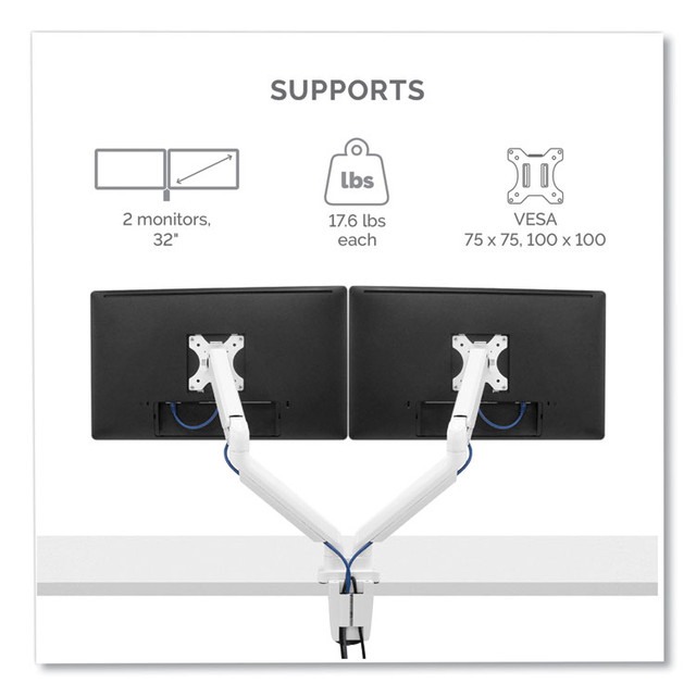 FELLOWES MFG. CO. 8056301 Platinum Series Dual Monitor Arm, For 27" Monitors, 360 deg Rotation, 45 deg Tilt, 180 deg Pan, White, Supports 20 lb