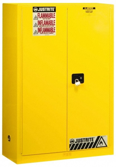 Justrite. 894500 Flammable & Hazardous Storage Cabinets: 45 gal Drum, 2 Door, 2 Shelf, Manual Closing, Yellow