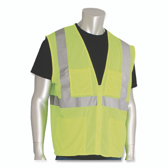 PROTECTIVE INDUSTRIAL PRODUCTS INC PIP 302MVGZ4PLY3 ANSI Class 2 Four Pocket Zipper Safety Vest, Polyester Mesh, 3X-Large, Hi-Viz Lime Yellow
