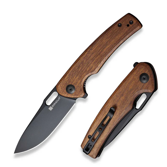 SENCUT S20065-4 Vesperon Flipper/Thumb Hole Folding Knife 3.35"" Black 9Cr18MoV Drop Point Plain Edge Blade, Guibourtia Wood Handle SENCUT S20065-4 Vesperon Flipper/Thumb Hole Folding Knife 3.35"" Black 9Cr18MoV Drop Point Plain Edge Blade, Guibourtia Wood Handle