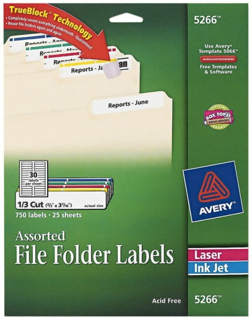 AVERY 05266 Label Maker Label: White Blue Green Red & Yellow, Paper, 3-7/16" OAL, 750 per Roll