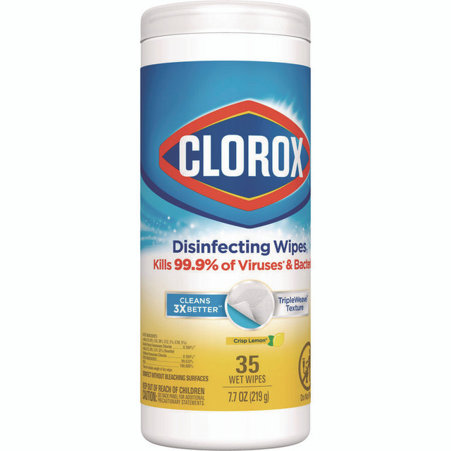 CLOROX SALES CO. 01594CT Disinfecting Wipes, Bleach Free Cleaning Wipes, 1-Ply, 7 x 8, Crisp Lemon, White, 35/Canister, 12 Canisters/Carton
