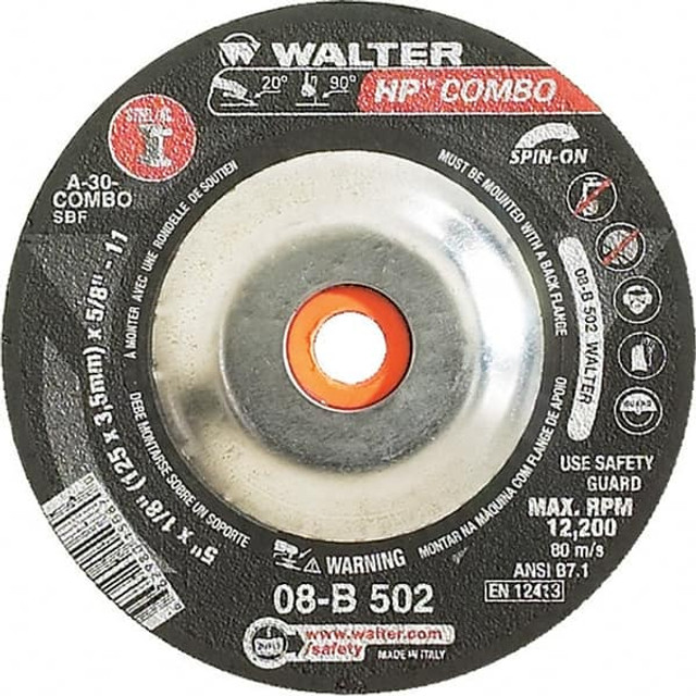 WALTER Surface Technologies 08B502 Depressed Grinding Wheel:  Type 27,  5" Dia,  1/8" Thick,  Aluminum Oxide