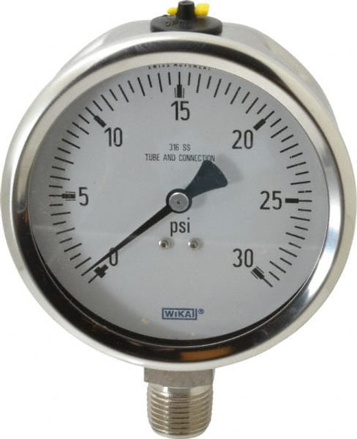 Wika 9768521 Pressure Gauge: 4" Dial, 0 to 30 psi, 1/2" Thread, NPT, Lower Mount