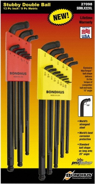 Bondhus 27098 22 Piece, L-Wrench Ball End Hex Key Set