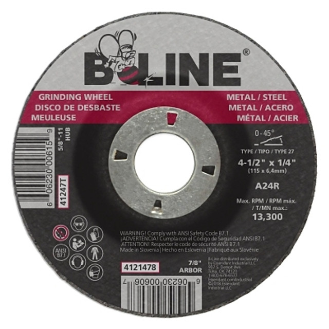 ORS Nasco B-Line Abrasives Depressed Ctr Grinding Wheel, 4-1/2 in dia, 1/4 in Thick, 7/8 in Arbor, 24 Grit ORS Nasco B-Line Abrasives Depressed Ctr Grinding Wheel, 4-1/2 in dia, 1/4 in Thick, 7/8 in Arbor, 24 Grit