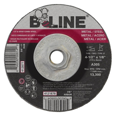 ORS Nasco B-Line Abrasives Depressed Center Combo Wheel, 4-1/2 in dia, 1/8 in Thick, 5/8 in-11 Arbor, 30 Grit, Aluminum Oxide