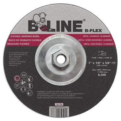 ORS Nasco B-Line Abrasives Flexible Depressed Center Wheel, 7 in dia, 1/8 in Thick, 5/8 in-11 Arbor, 46 Grit, Aluminum Oxide