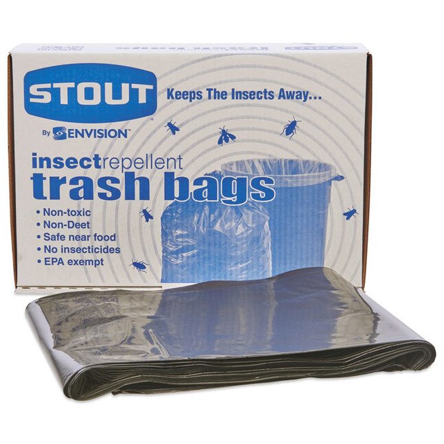 STOUT by Envision™ P3752K20 Insect-Repellent Trash Bags, 55 gal, 2 mil, 37" x 52", Black, 65/Box