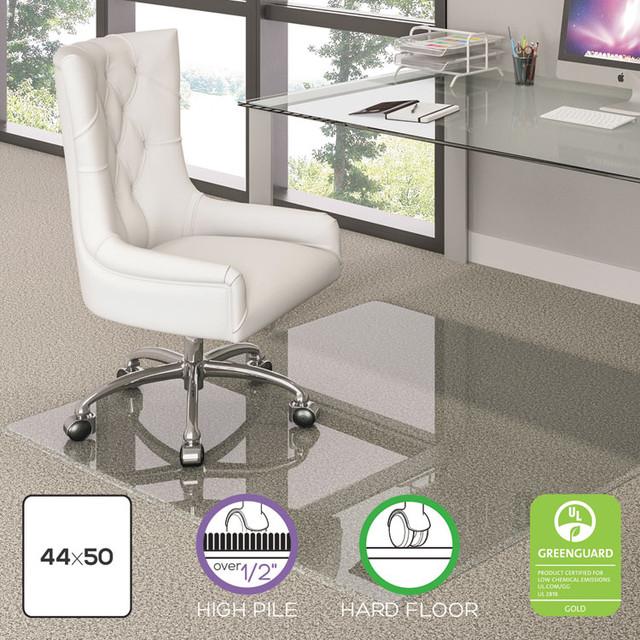 DEFLECTO CORPORATION CMG70434450 Premium Glass Chair Mat for Flat to Plush Pile Carpeted and Hard Floors, Rectangular, Polished Edges, 44" x 50", Clear