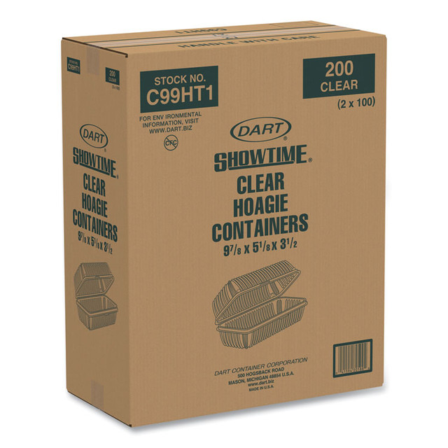 DART C99HT1 Showtime Clear Hinged Containers, Hoagie Container, 29.9 oz, 5.1 x 9.9 x 3.5, Clear, Plastic, 100/Bag 2 Bags/Carton